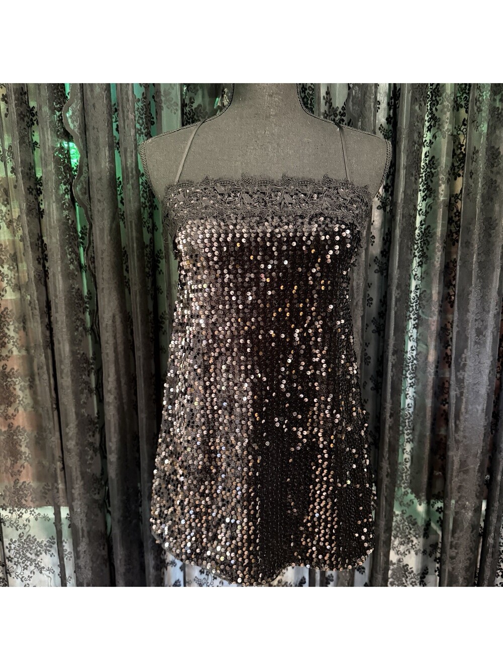 Free People Intimately Black Sequin Lace Trim Cami Tie Back Slip Top Sz XS